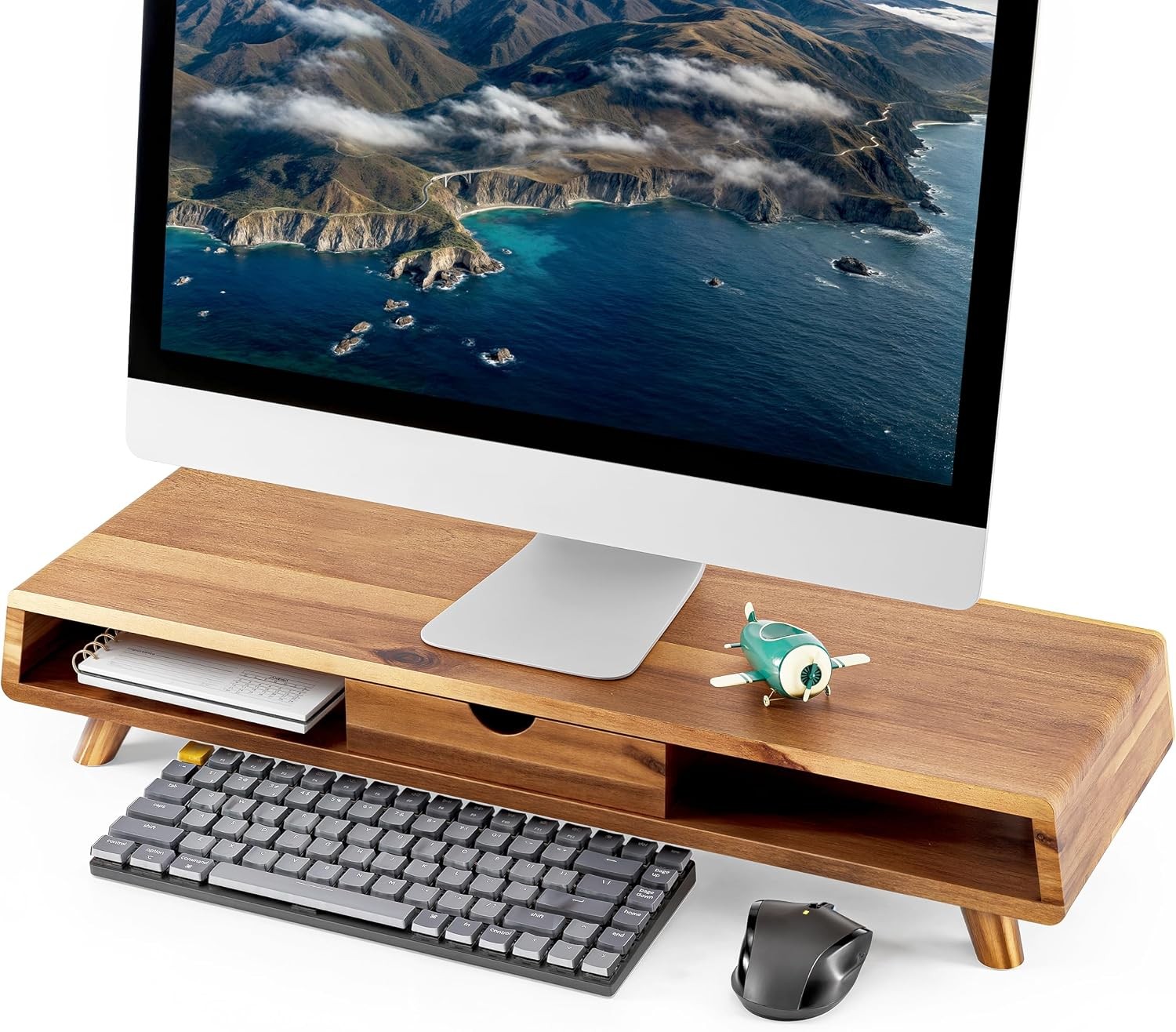 TINAMO Acacia Wood Monitor Stand with Drawer - 24.4 " x 8" x 5", 