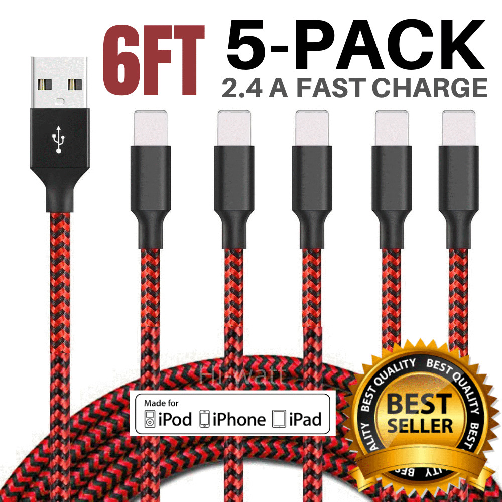 5 Pack 6Ft USB Charger Cable Heavy Duty Lot For iPhone 7 8 X 11 SE Charging Cord