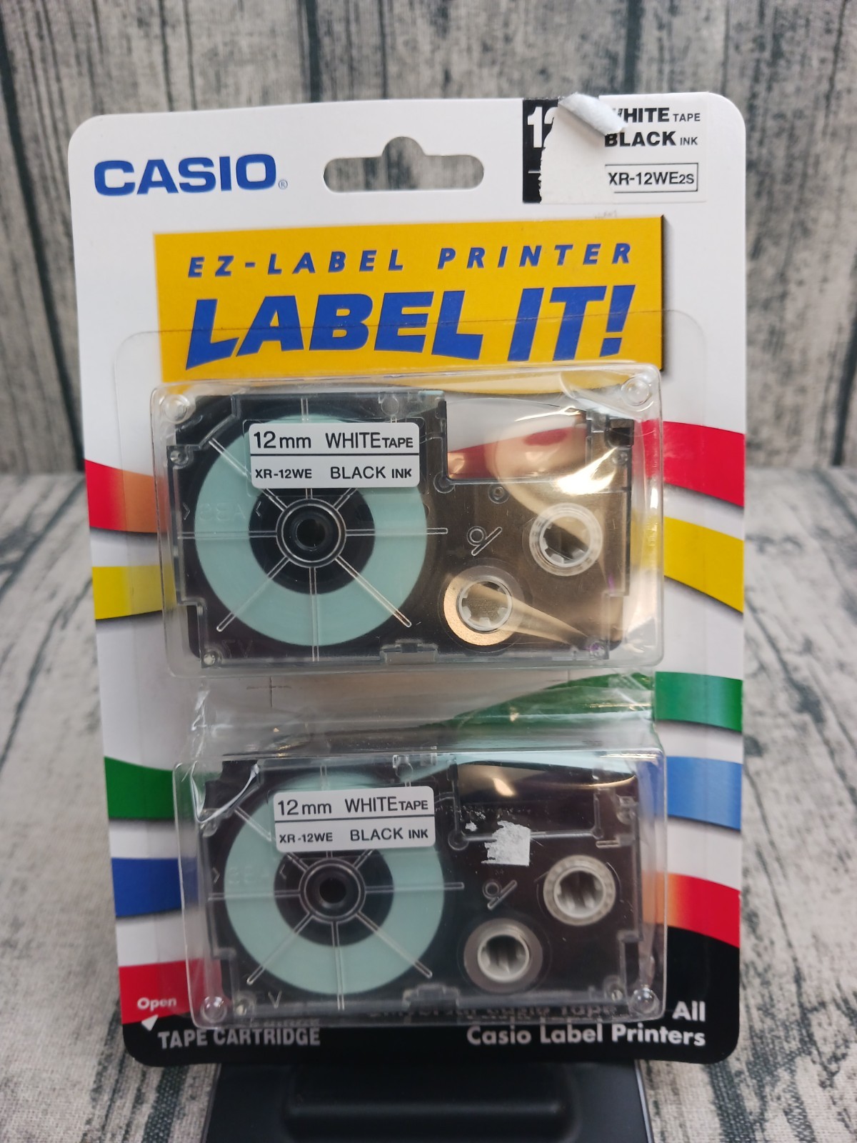 Casio EZ-Label Printer XR-12WE2s- 12mm White Tape Black Ink Label Tape 2pk NIP
