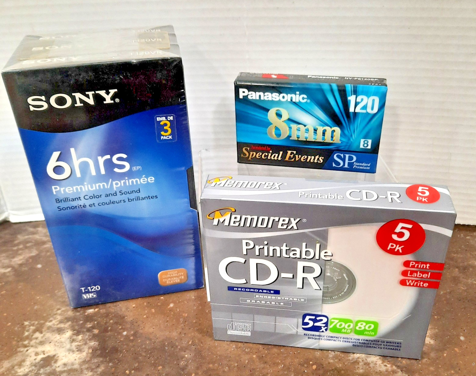 NEW Blank Media Lot Sony VHS 6hr 3pk Panasonic 8mm Memorex CD-R Sealed