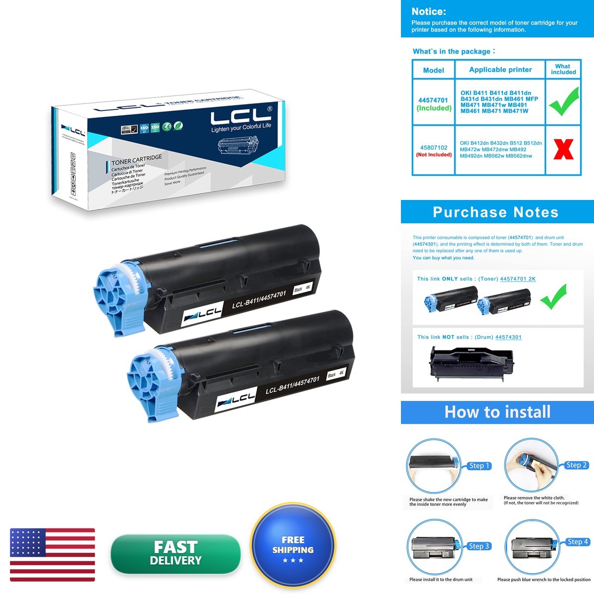 LCL Compatible Toner Cartridge Replacement OKI B411 B431 44574701 4000 Pages