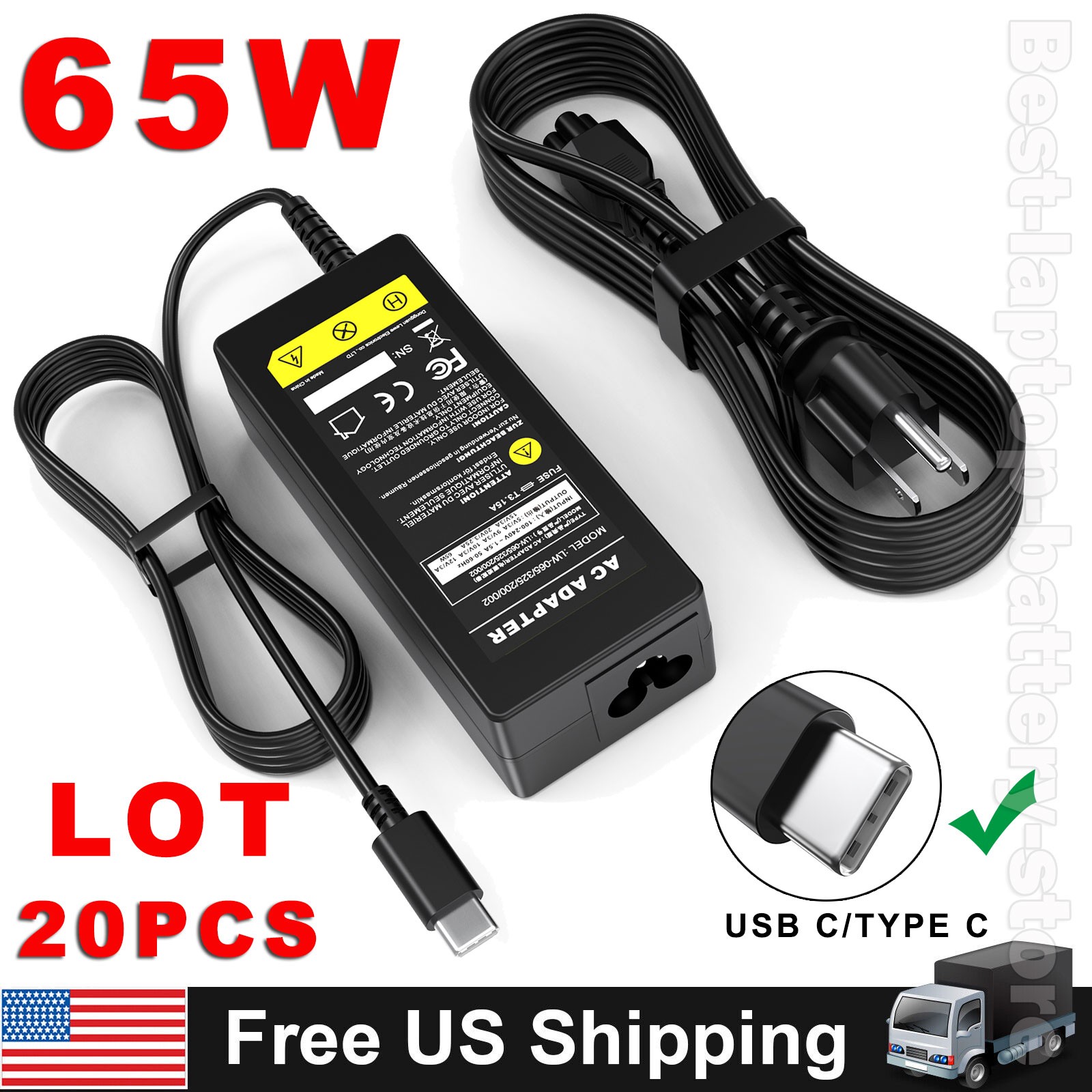 LOT 20Pcs 65W USB C Laptop Charger Adapter for Lenovo Dell Acer ASUS MacBook Pro