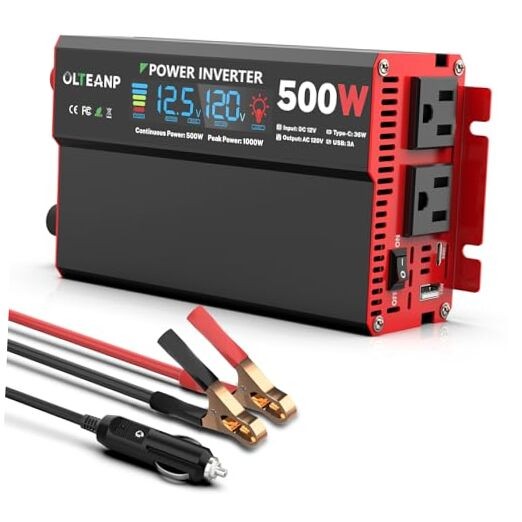 Black 500W Power Inverter 12V DC to 110V/120V AC with LCD - 500W