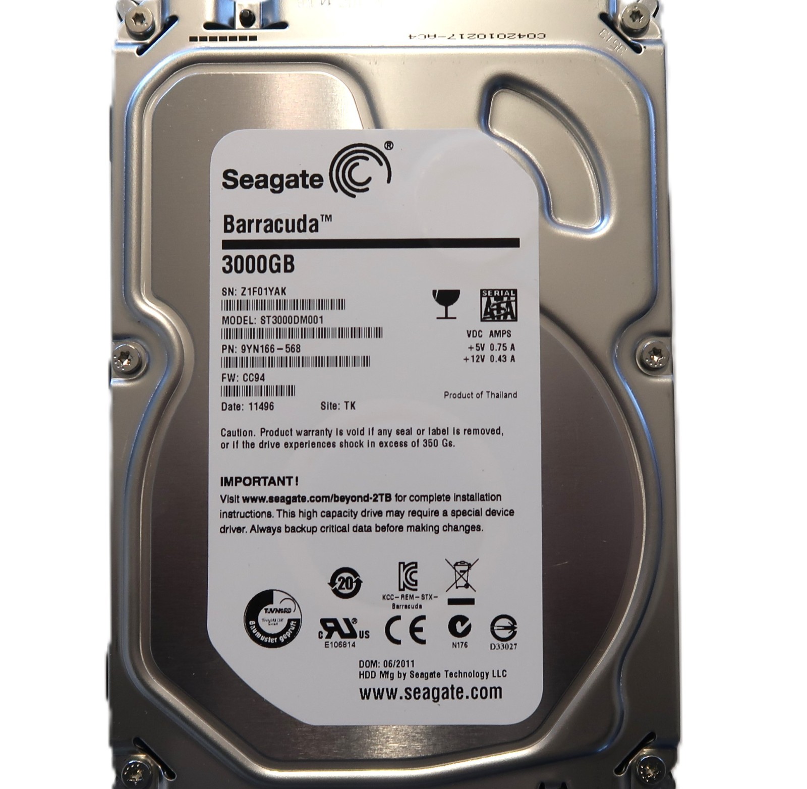 Seagate ST3000DM001 9YN166-568 CC94 (Z1F0) TK Thailand 3TB 3.5" Sata 06/2011