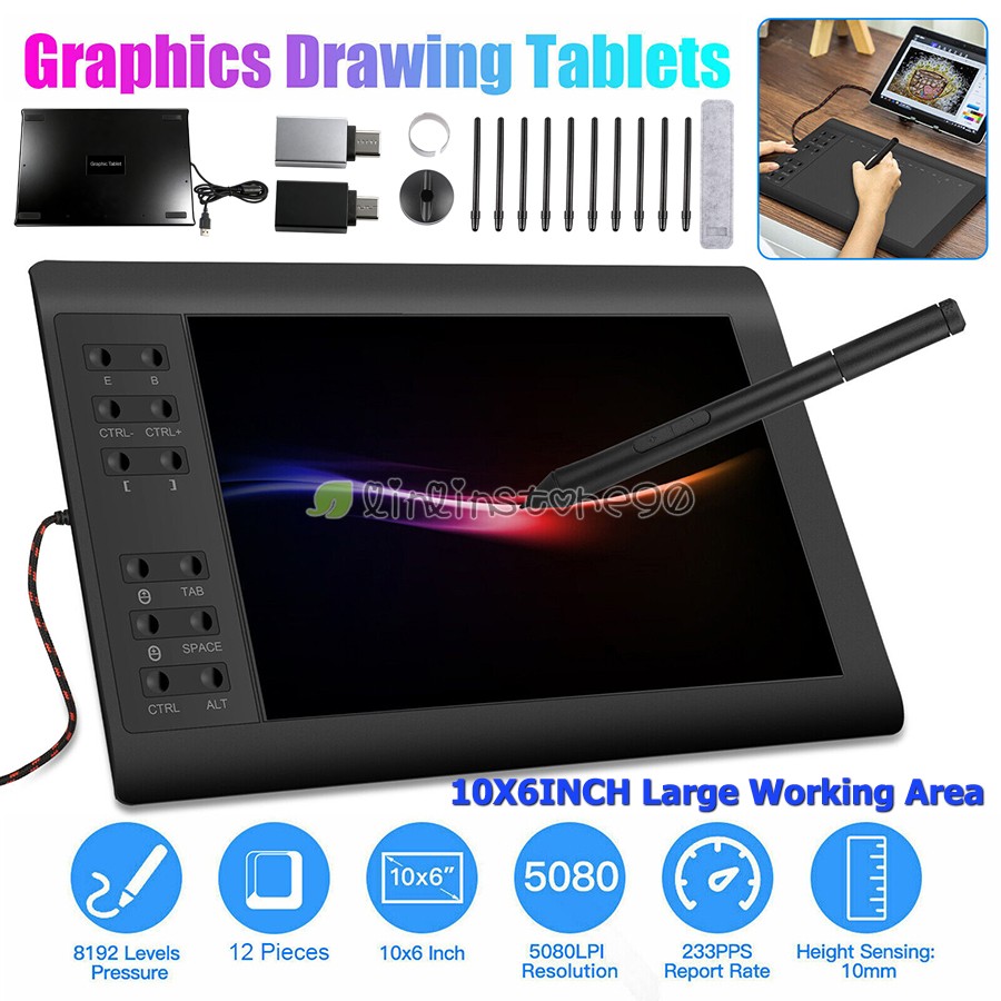 Tableta 10x6inch Pluma De Dibujo Digital Para Graficos Grafica Digitalizadora US