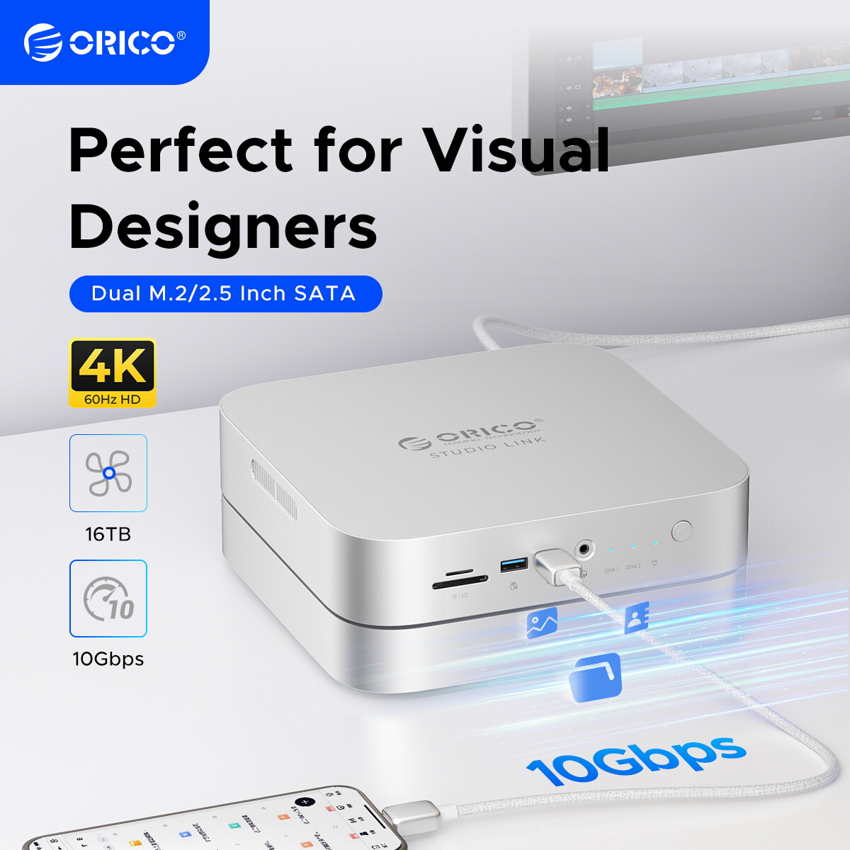 ORICO Studio Link Laptop Dock Station 10-in-1 USB C Dock M.2& 3.5'' SSD/HDD Case