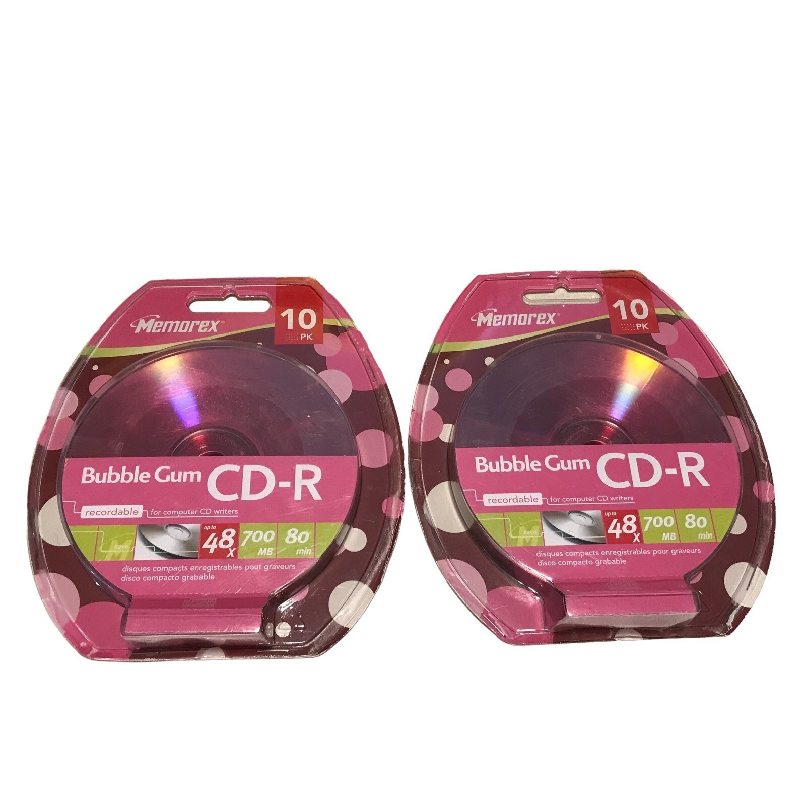 Two Memorex Bubble Gum Recordable 48x speed 700MB 80 Min CD-R Discs 10-Pack
