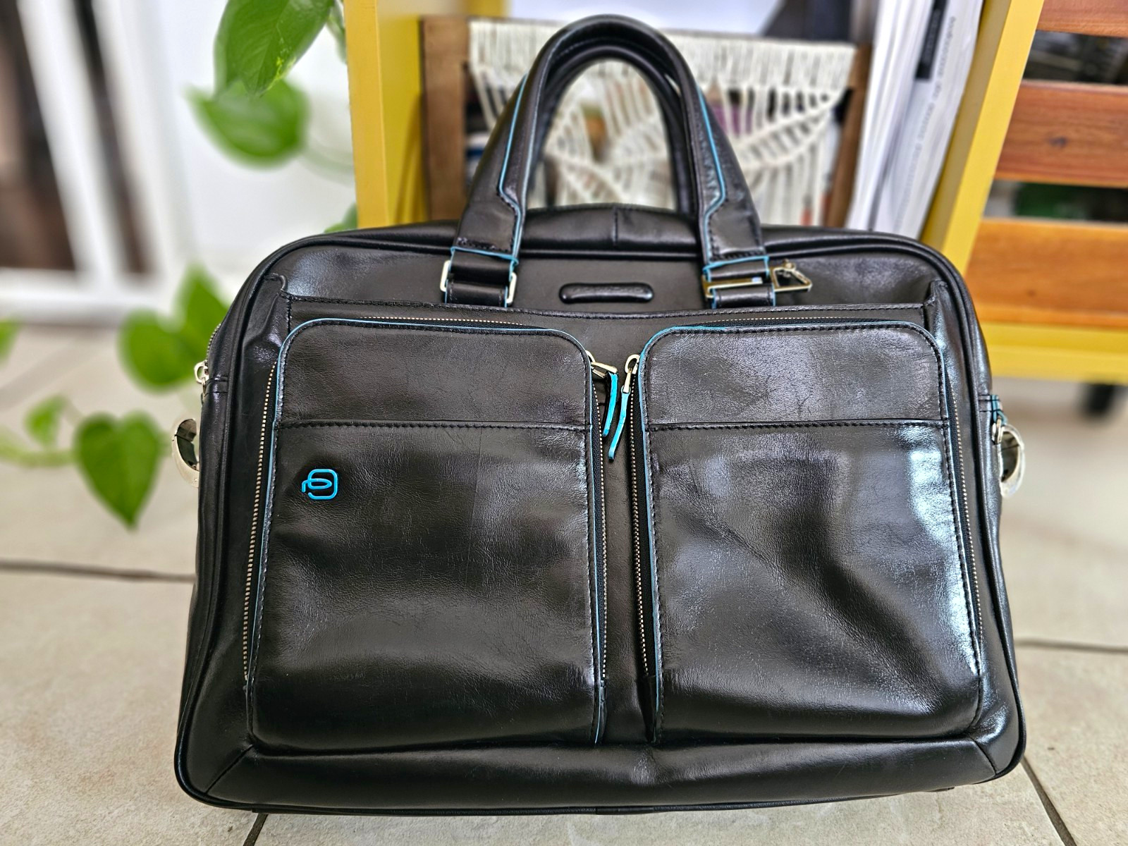 🦚 Piquadro Leather Briefcase Laptop Bag, BLUE SQUARE, ELEGANT 🍒