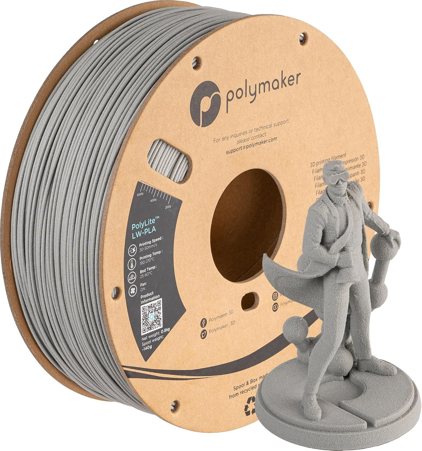 Polymaker Light Weight PLA Filament 1.75Mm Grey 0.8Kg, Polylite 3D Printer PLA F