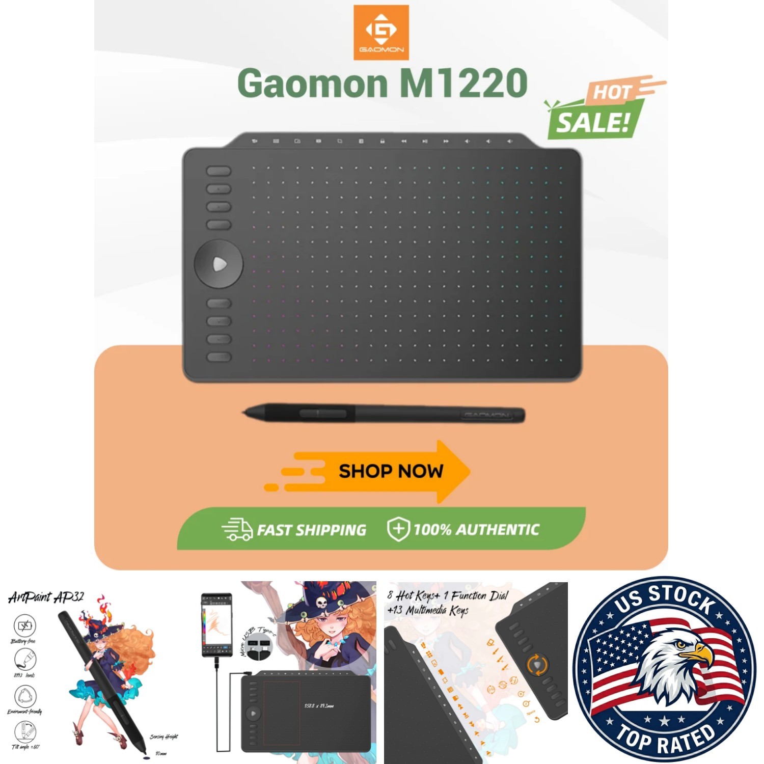 GAOMON M1220 Graphics Tablet 8192 Pressure Levels, USB, 12" Screen