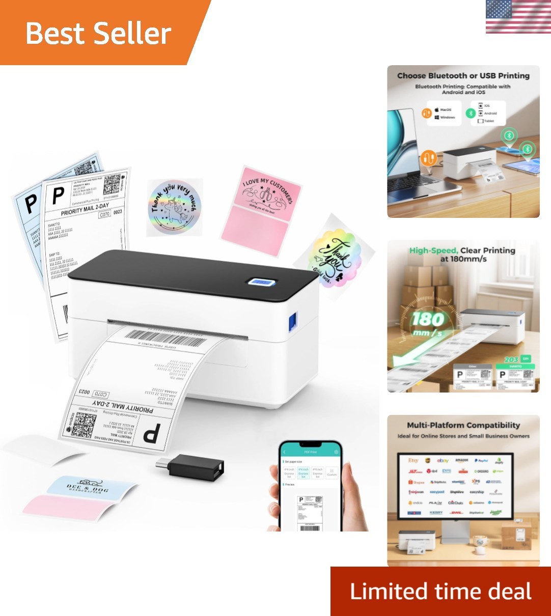 Bluetooth Thermal Shipping Label Printer - High-Speed 4x6, Inkless Technology