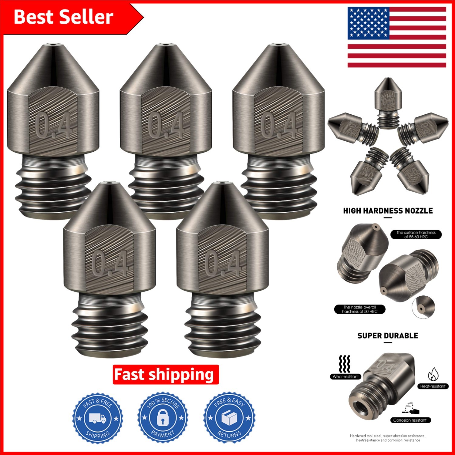 5-Pack 0.4mm Hardened Steel Nozzles for MK8 Hotends -  3D Printing Tools