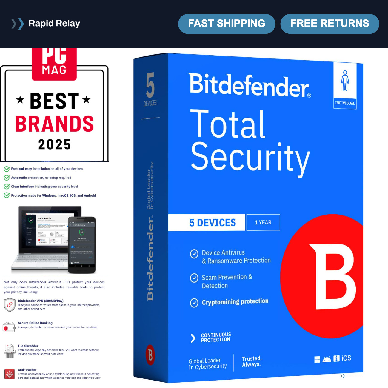 Complete Antivirus & Internet Security Suite - 5 Devices, 1 Year, PC/Mac, Activa