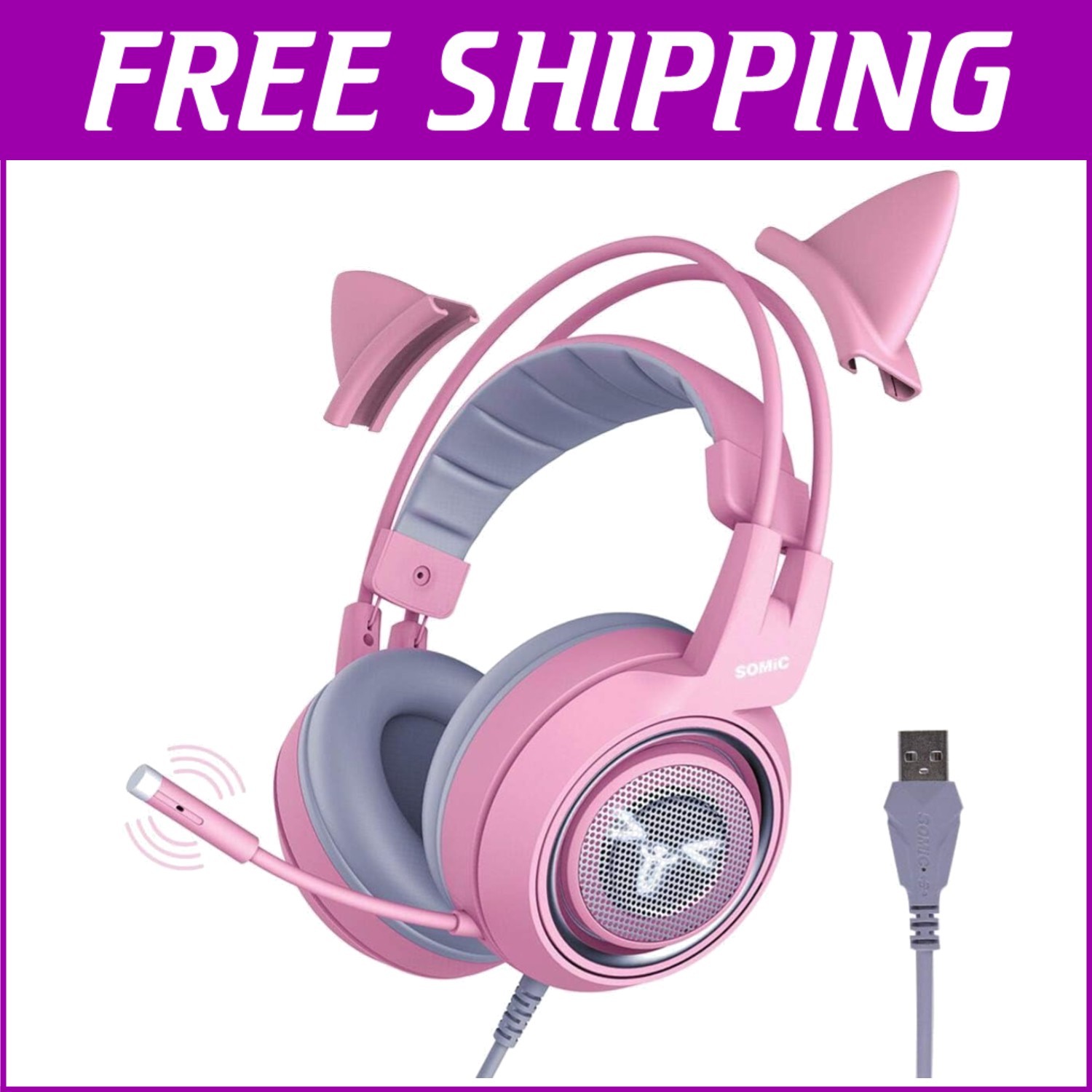 Wired Pink Cat Ear Gaming Headphones with Noise Cancelling & Comfortable Design-