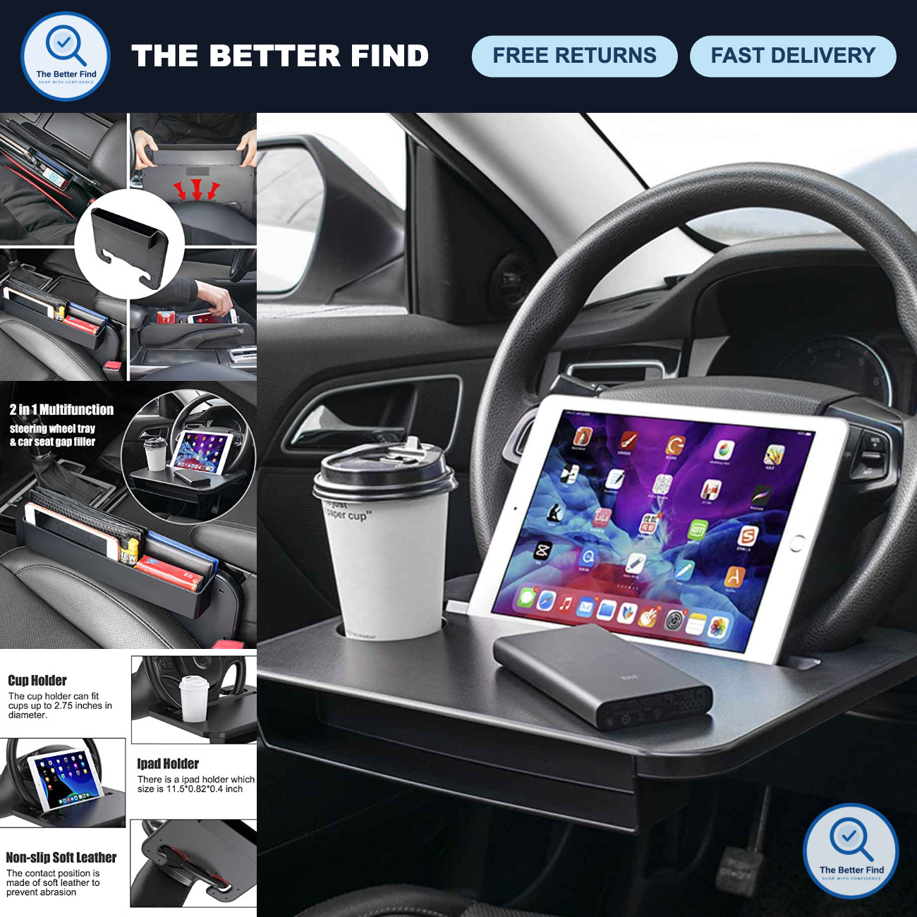 Multipurpose Car Steering Wheel Tray - Food & Drink Holder, Laptop Desk, Fits Mo