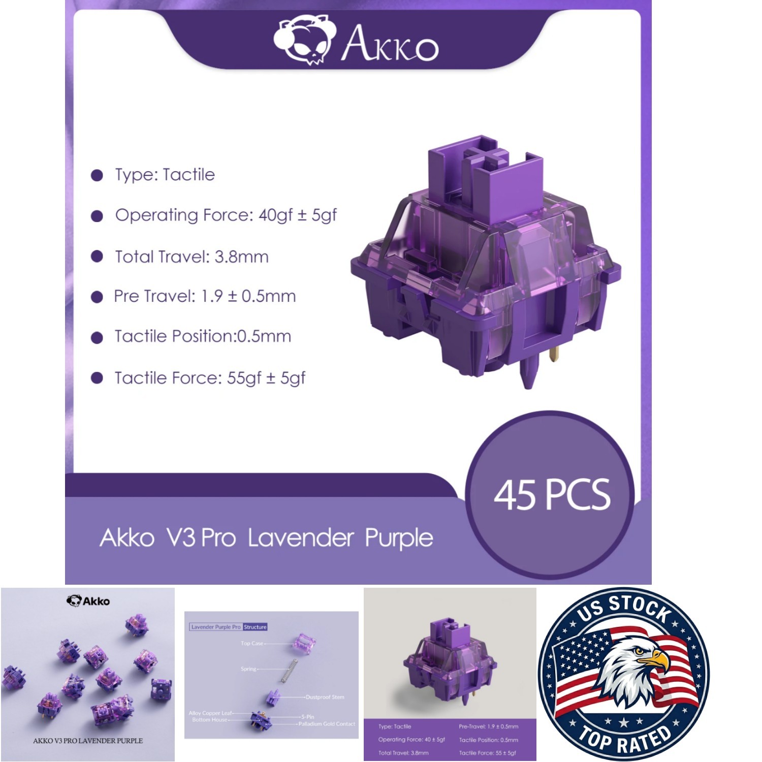 Akko V3 Pro Lavender Purple Switches 40gf Tactile for Mechanical - 1 Box(45pcs)