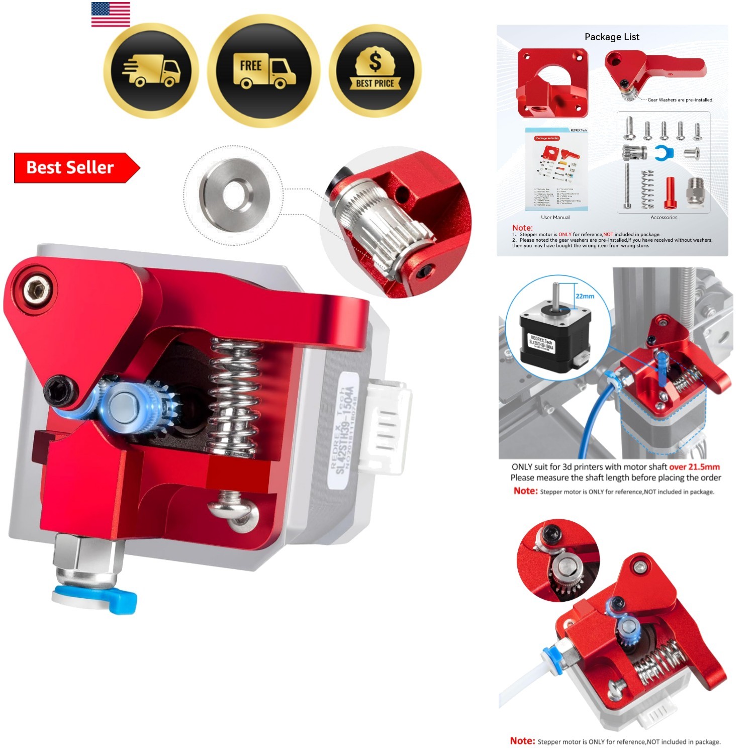 Dual Gear Ender 3 Extruder with Two Washers Metal Drive Feeder Upgrade Kit Co...