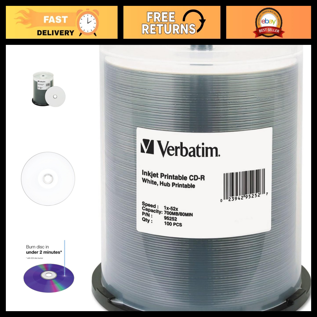 100 Pack CD-R 700MB 52X White Inkjet Printable Discs - High-Quality Blank Media