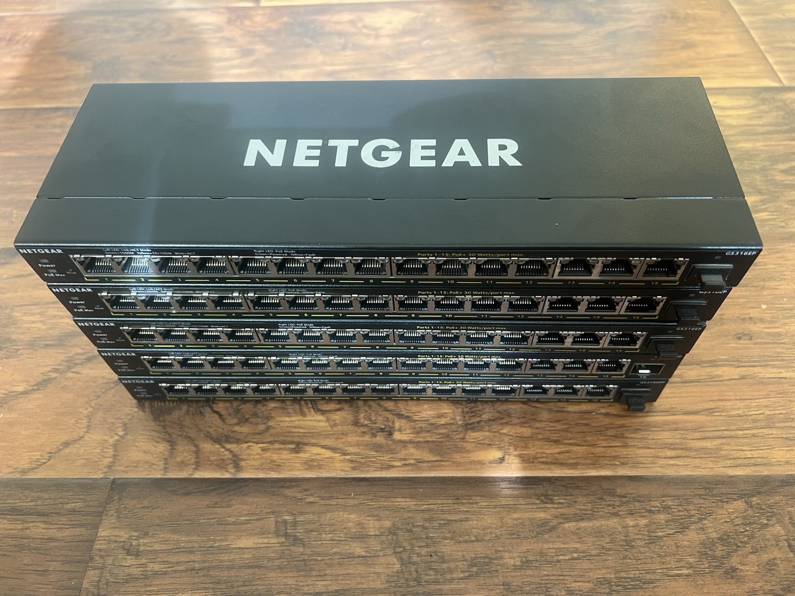 Lot Of 5x Netgear 16 Port-POE+ Switches, SFP, 4x PSU. GS316EP (3), GS316EPP (2)