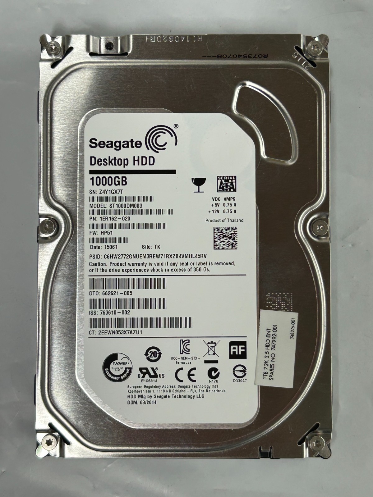 Seagate Barracuda HDD 1TB 7200RPM 64MB SATA 3.5 ST1000DM003 HP: 747992-001