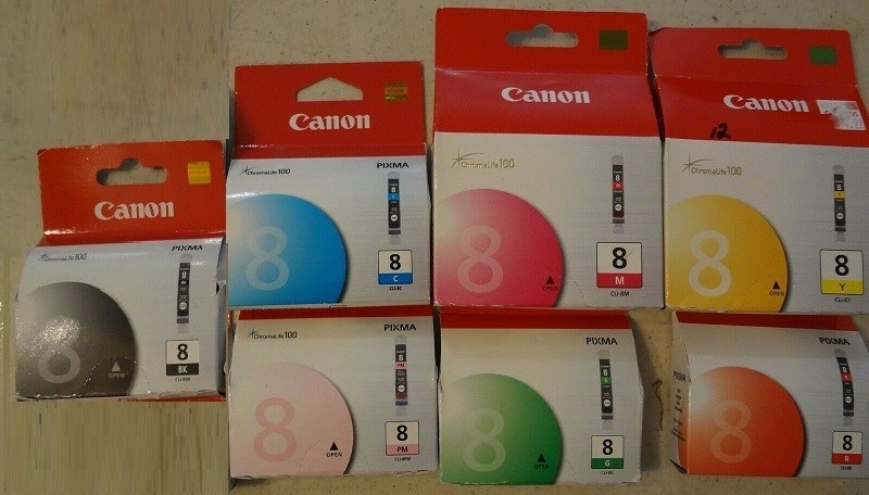 Set of 7 Genuine Factory Sealed Canon 8 Inkjet Cartridges KCMY Red Grn PM