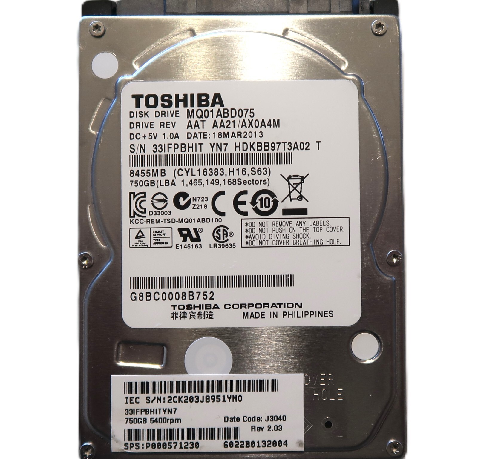 Toshiba MQ01ABD075 HDKBB97T3A02 T AAT AA21/AX0A4M Philippines 2.5" 750gb MAR2013