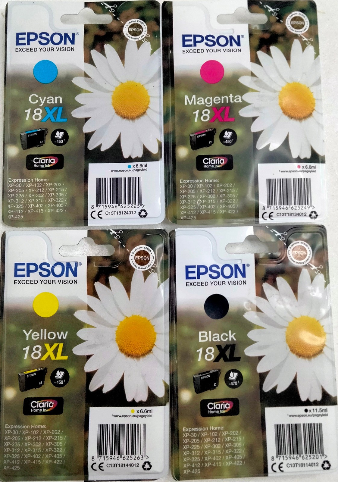 Epson Multipack (4) 18XL Genuine - Black Cyan Yellow and Magenta Original Box 18 Genuine