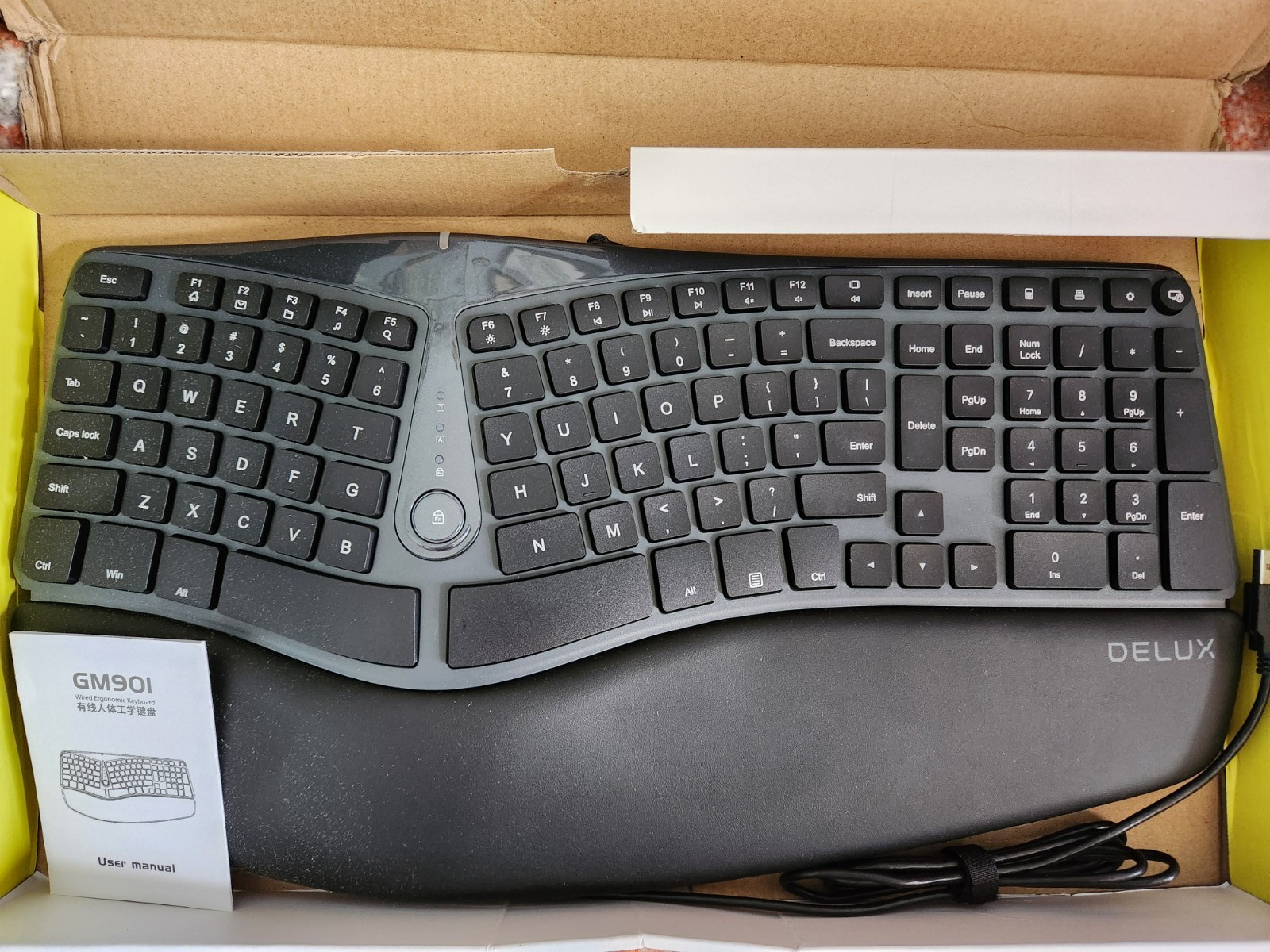 Delux Ergonomic Keyboard GM901U Wired Full Size Split Key w/ Wrist Rest Black