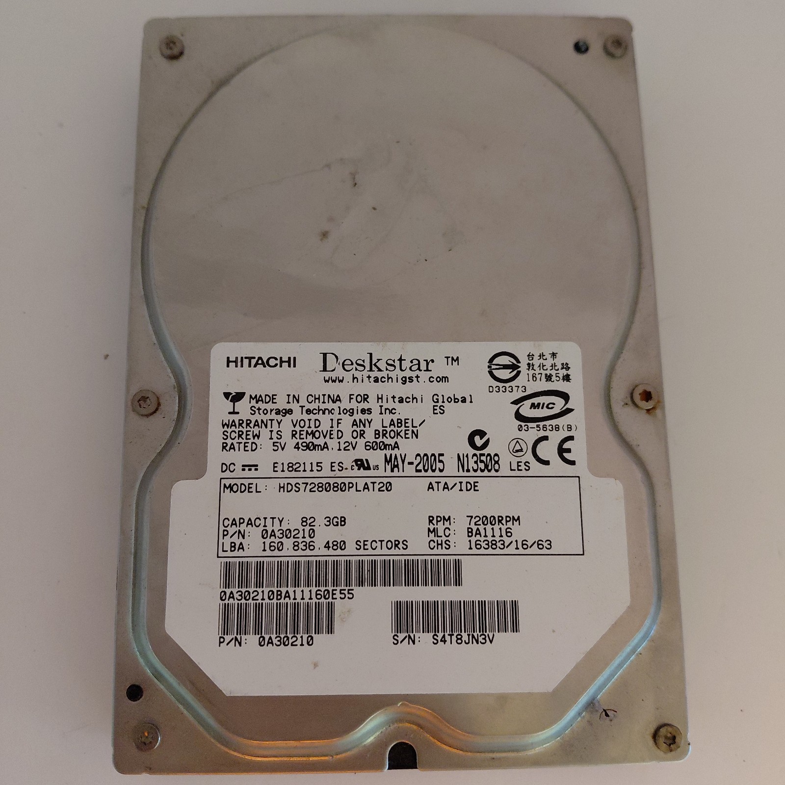 HITACHI HDS721616PLA380 160GB SATA HARD DRIVE P/N: 0A32728 MLC: BA2165
