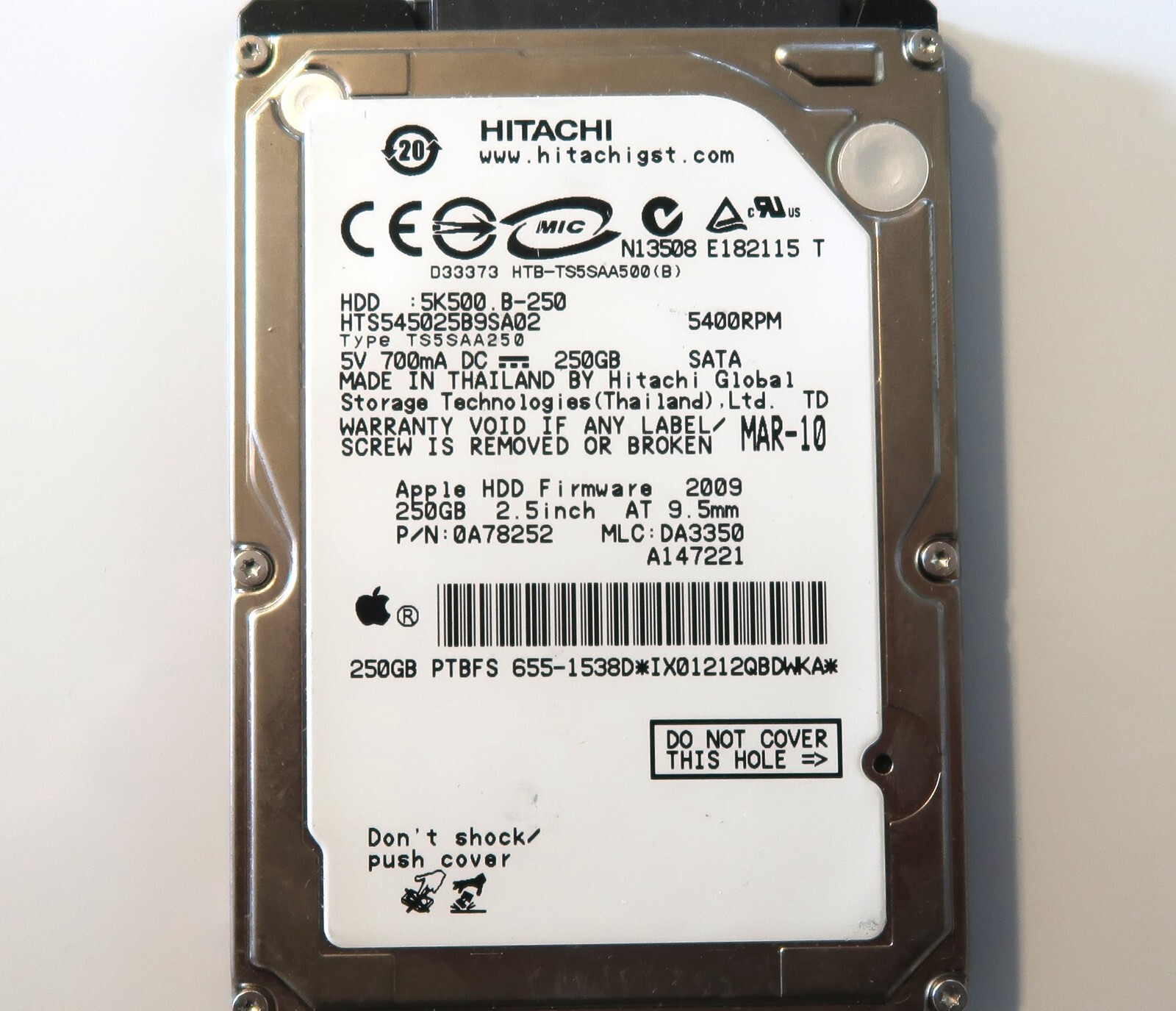 Hitachi HTS545025B9SA02 PN: 0A78252 MLC:DA3350 Thailand 2.5" 250gb Sata HDD 2010