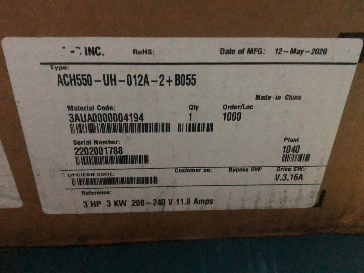 1pc for new ACH550-UH-012A-2+B055 (by Fedex or DHL)