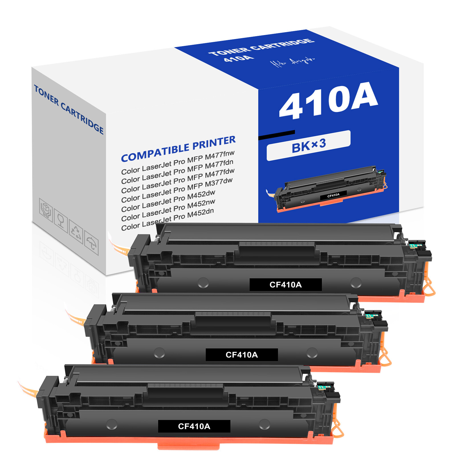 3-Pack CF410A Black Toner Cartridge For HP 410A LaserJet Pro M452dw MFP M477fdn