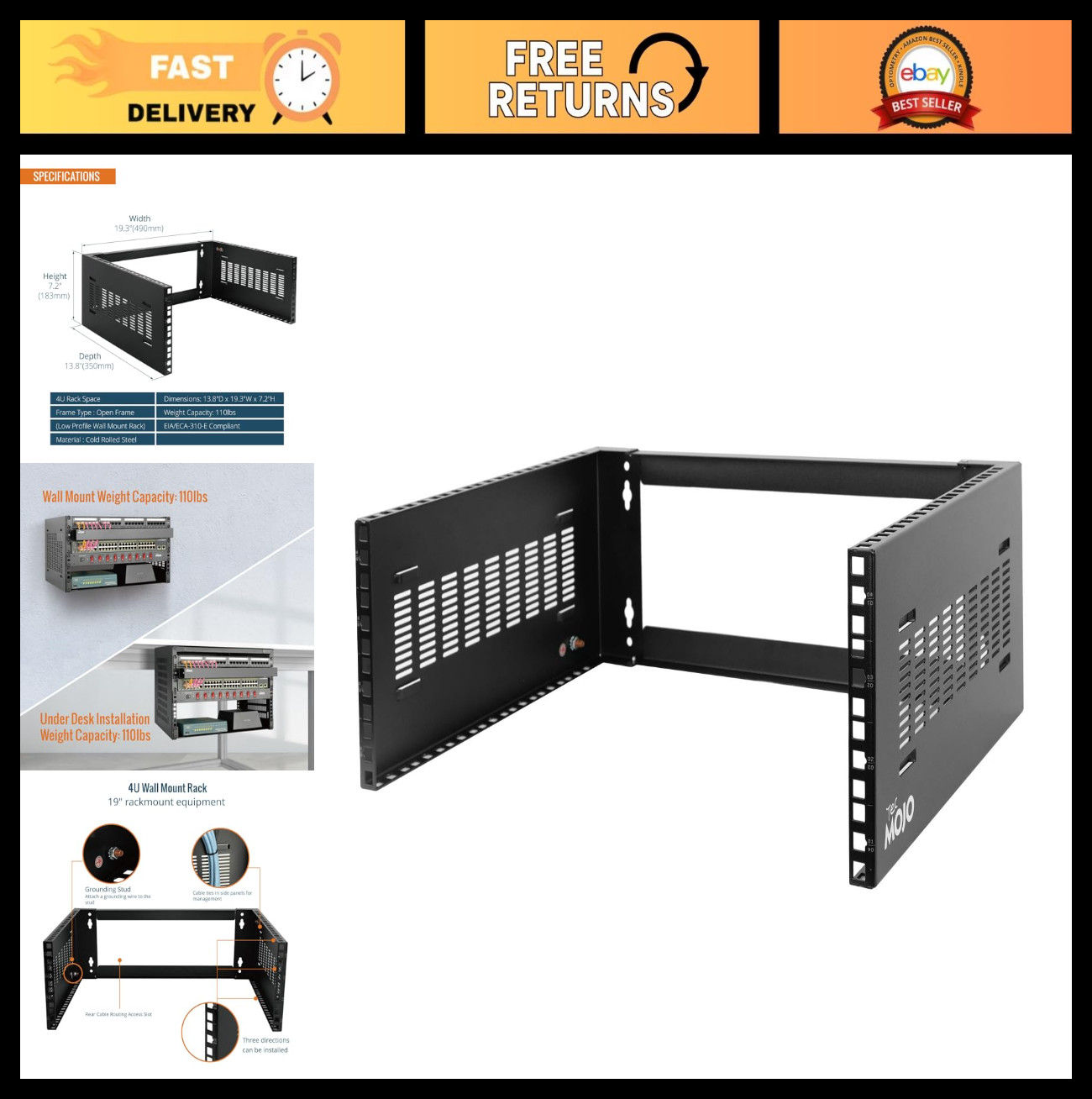 4U Wall Mount Rack 14" Depth - 19" Network Rack for IT Equipment, Switches & Pan