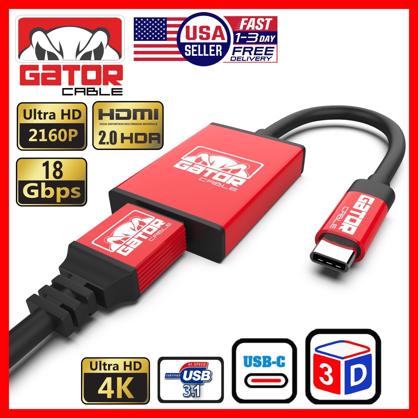 USB-C to HDMI HDTV Cable Adapter 4K Audio Video AV 60Hz 18Gbps Phone Mac PC 3FT