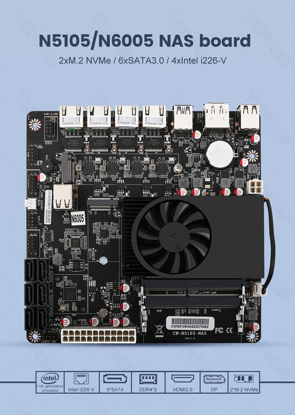 NAS Motherboard N5105 4x Intel i226-V 2.5G Nics Dual M.2 NVMe SATA3.0 Mini-ITX