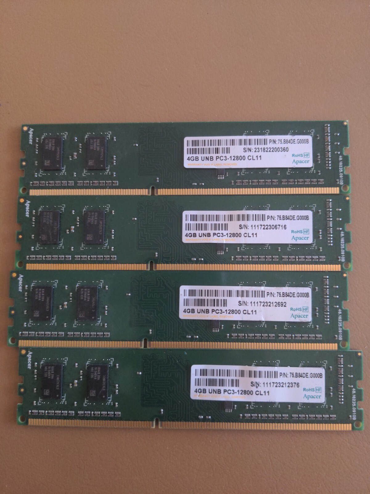 RoHS Apacer 16GB (4x4GB) PC3-12800u DDR3-1600MHz