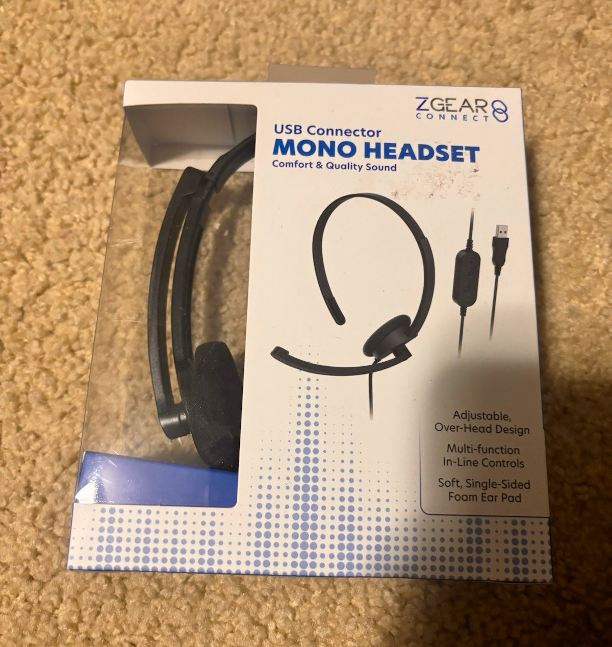ZGear Connect Mono USB Headset Black 8ft Boom Mic In-Line Controls Headband