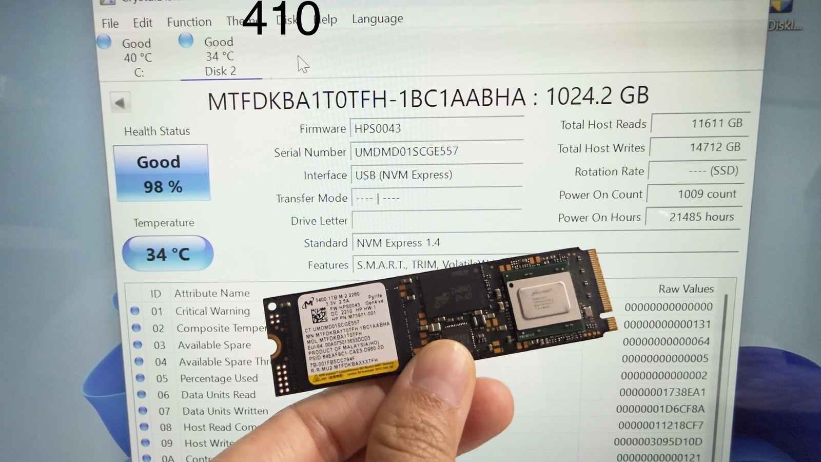 Micron 3400 1TB NVMe PCIe Gen4 M.2 2280 SSD MTFDKBA1T0TFH