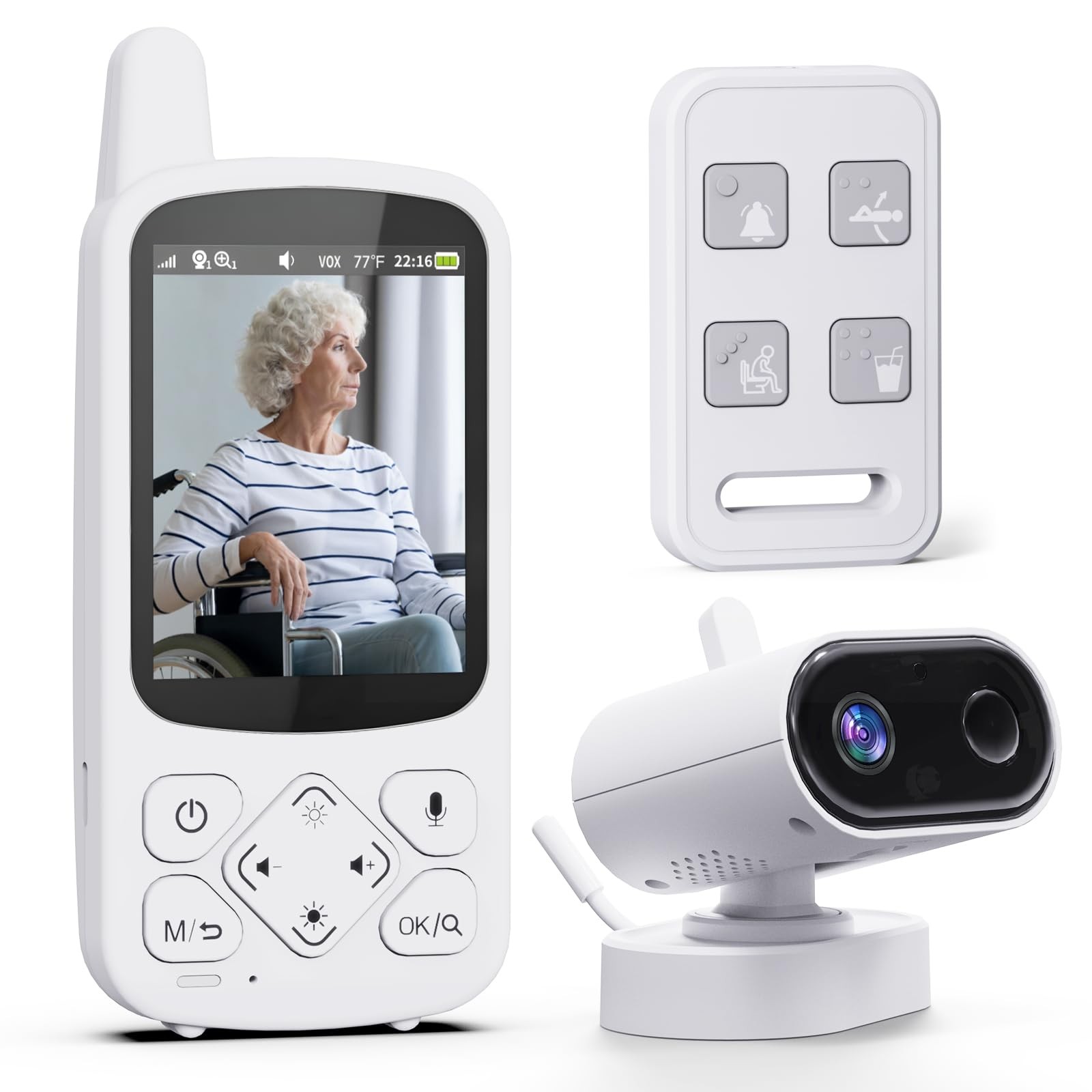 Elderly Room Monitor with Camera & Audio, 2-Way Talk, Med Reminder, No WiFi