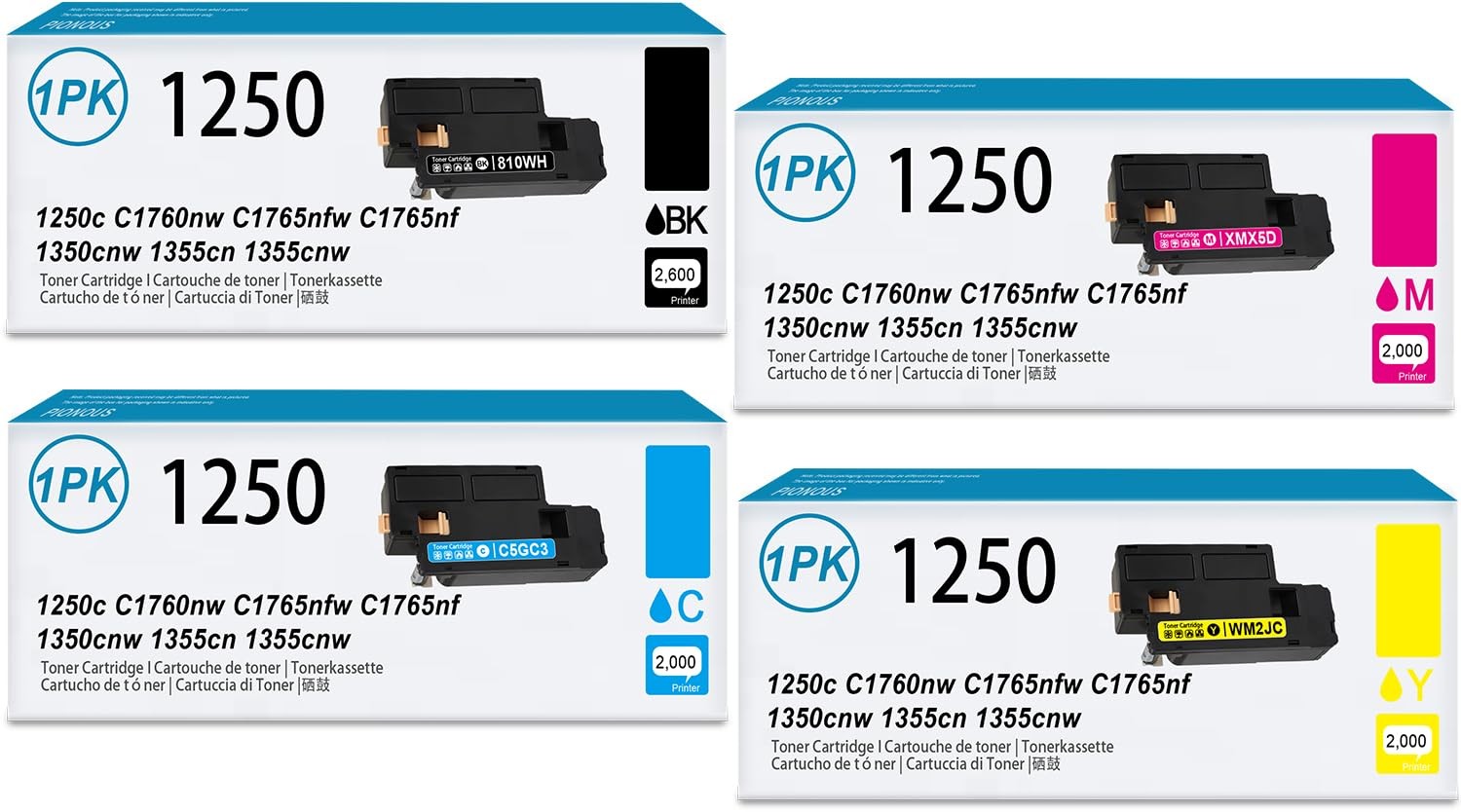 4-Pack 1250 810WH C5GC3 XMX5D WM2JC (1BK/1C/1M/1Y) Toner Cartridge