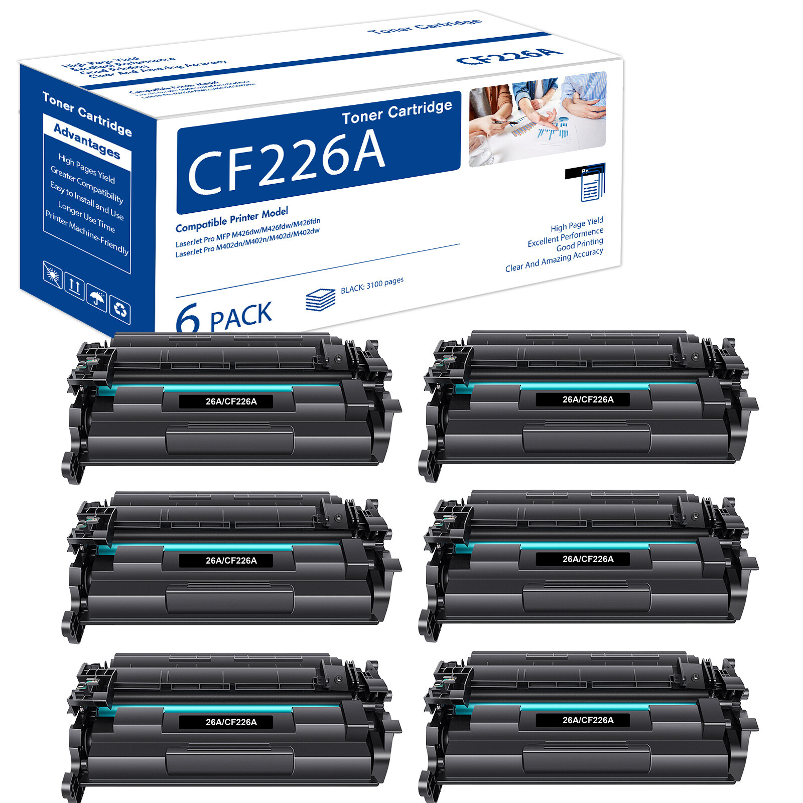 6PK Fits For HP Laserjet Pro M402n MFP M426fdw CF226A 26A Black Toner Cartridge