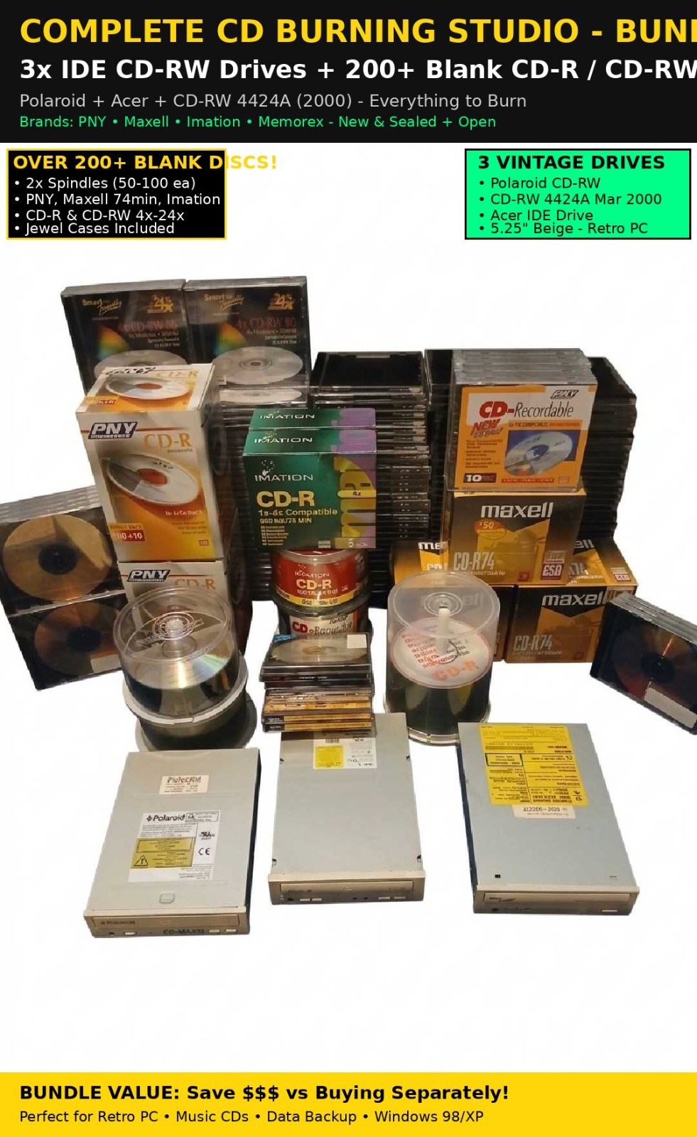 Retro PC Burning Lot: 3x IDE CD-RW Drives + Huge Blank Media Mix + 95 JewelCases