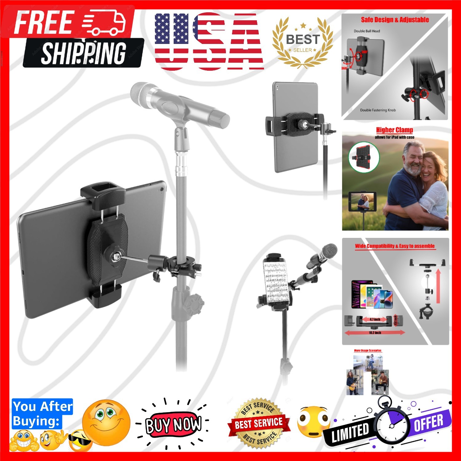 Tablet Holder for Mic Stand with 360° Ball Head and 3/8 to 1/4 Adapter, Micro...