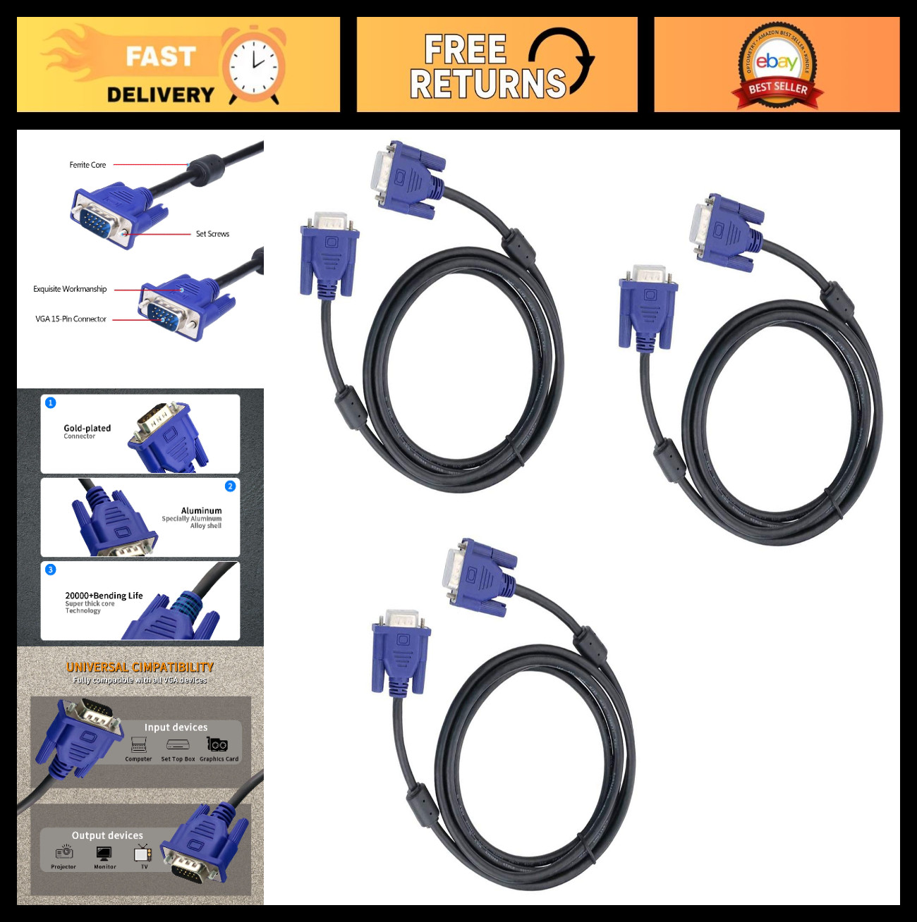 3-Pack 10FT VGA to VGA Cables, HD15 Male to Male Monitor Cable, Blue Connectors
