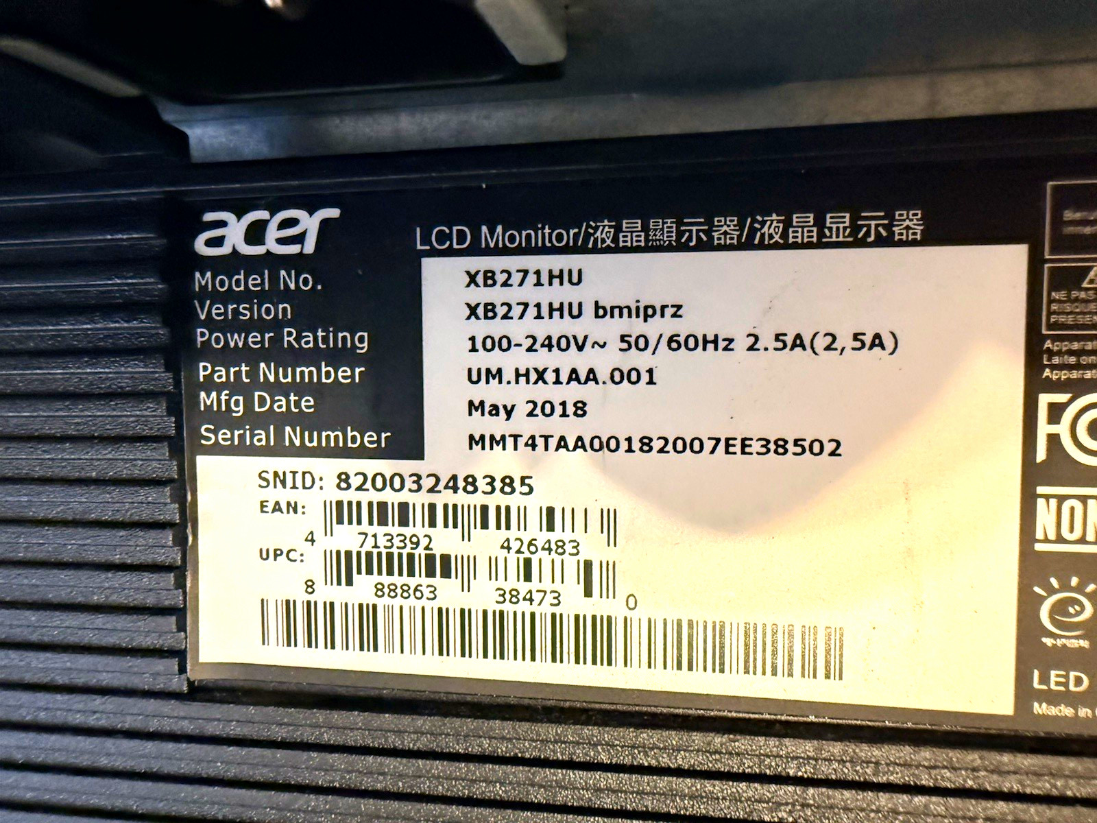 Acer Predator XB271HU LCD Monitor Black UM.HX1AA.001 HDMI Multiple USB gaming