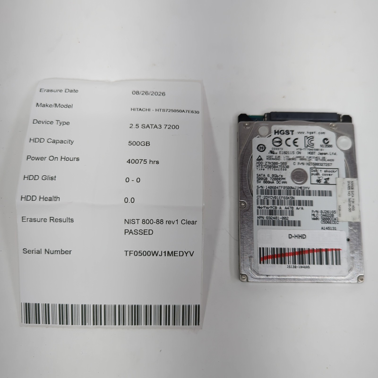 HGST Hitachi Laptop Hard Drive 500GB 2.5" SATA 7200RPM HDD Tested Wiped