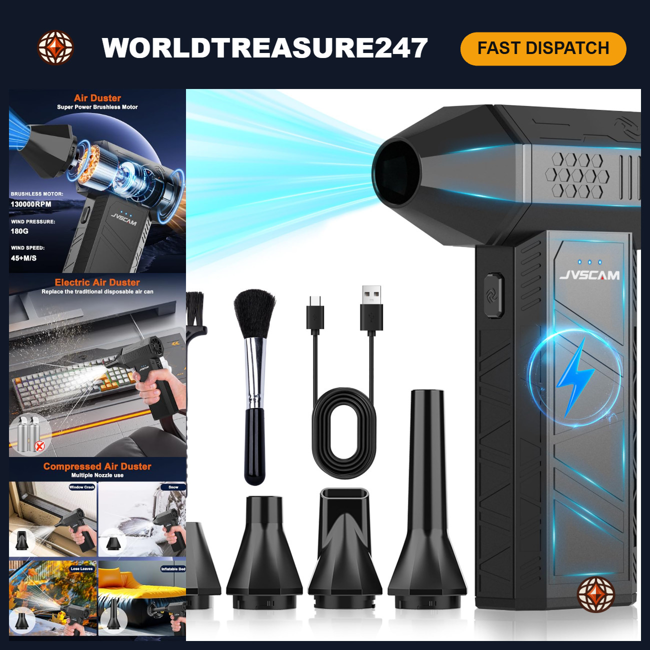 High-Power Compressed Air Duster 130,000 RPM - Brushless Motor Air Blower Cleane