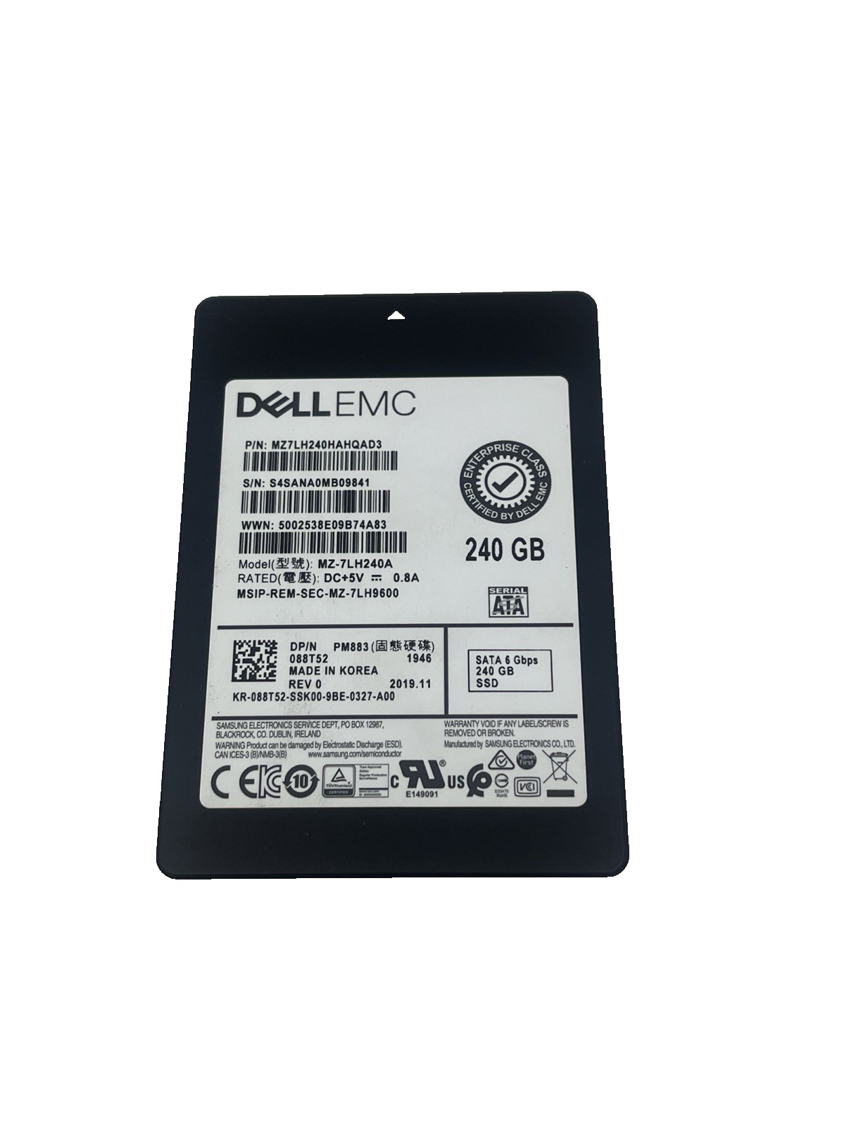 Dell EMC Samsung PM883 240GB 2.5" SATA III 6Gb/s SSD - 088T52 - MZ7LH240HAHQ0D3