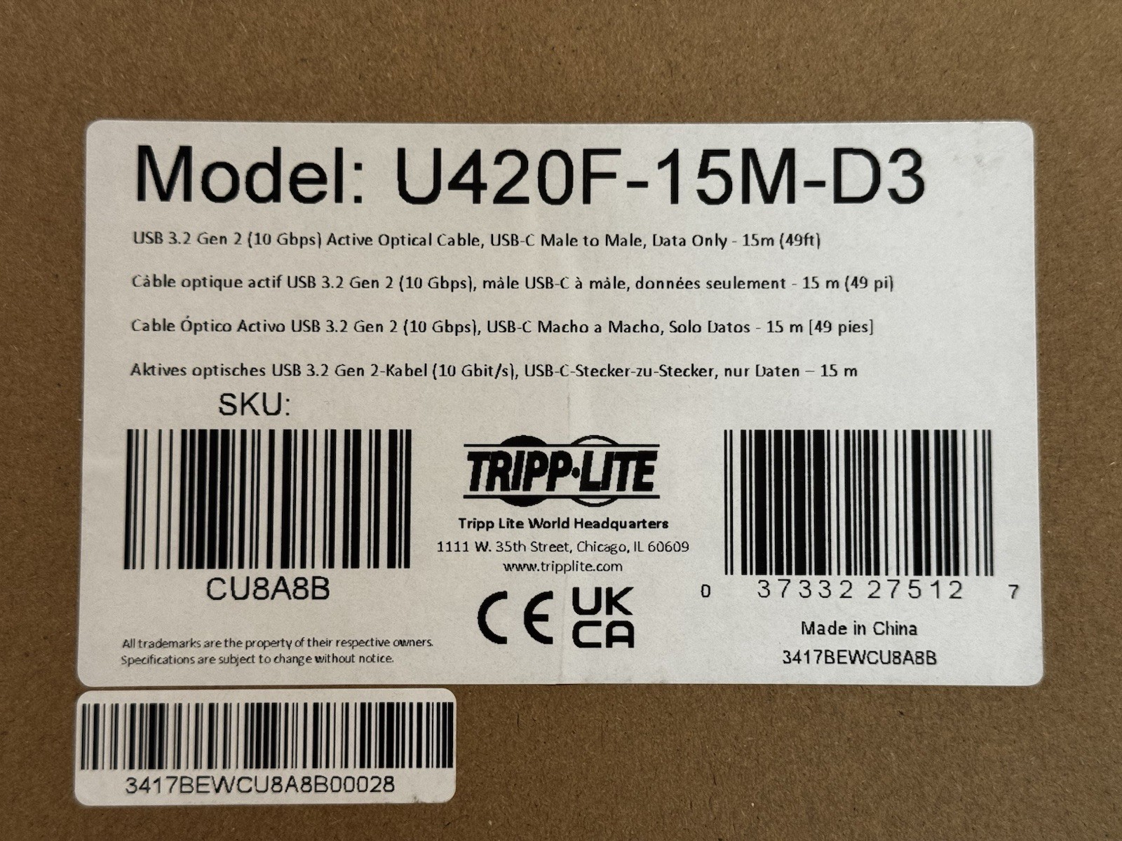 TrippLite USB-C Fiber - U420F-15M-D3  OPEN BOX - USB 3.2 Only - 15 Meters