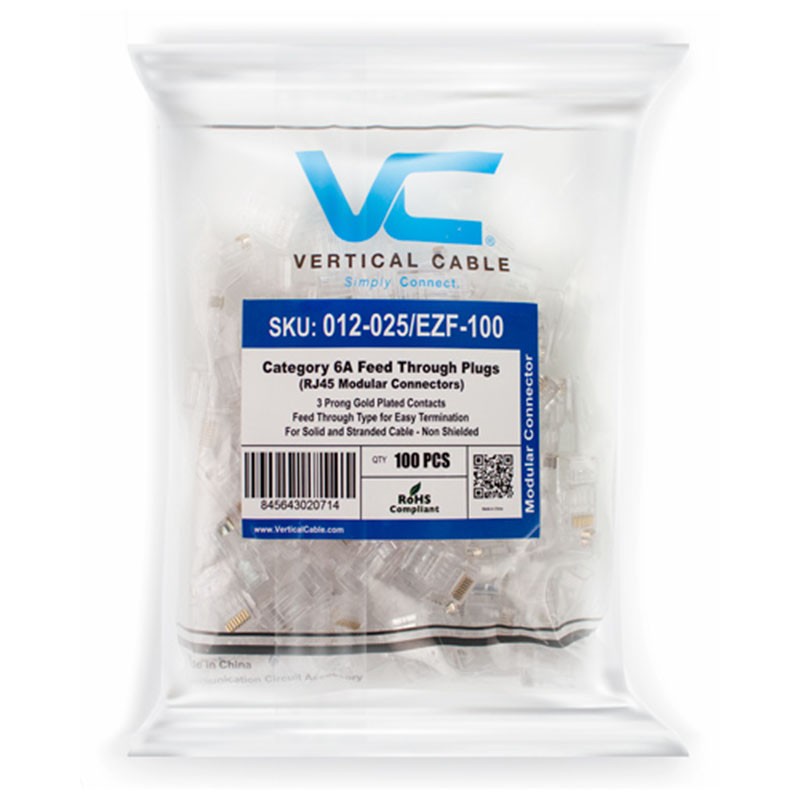 100 Pack Vertical Cable CAT6/CAT6A Feed Through Plug RJ45 Modular Connectors